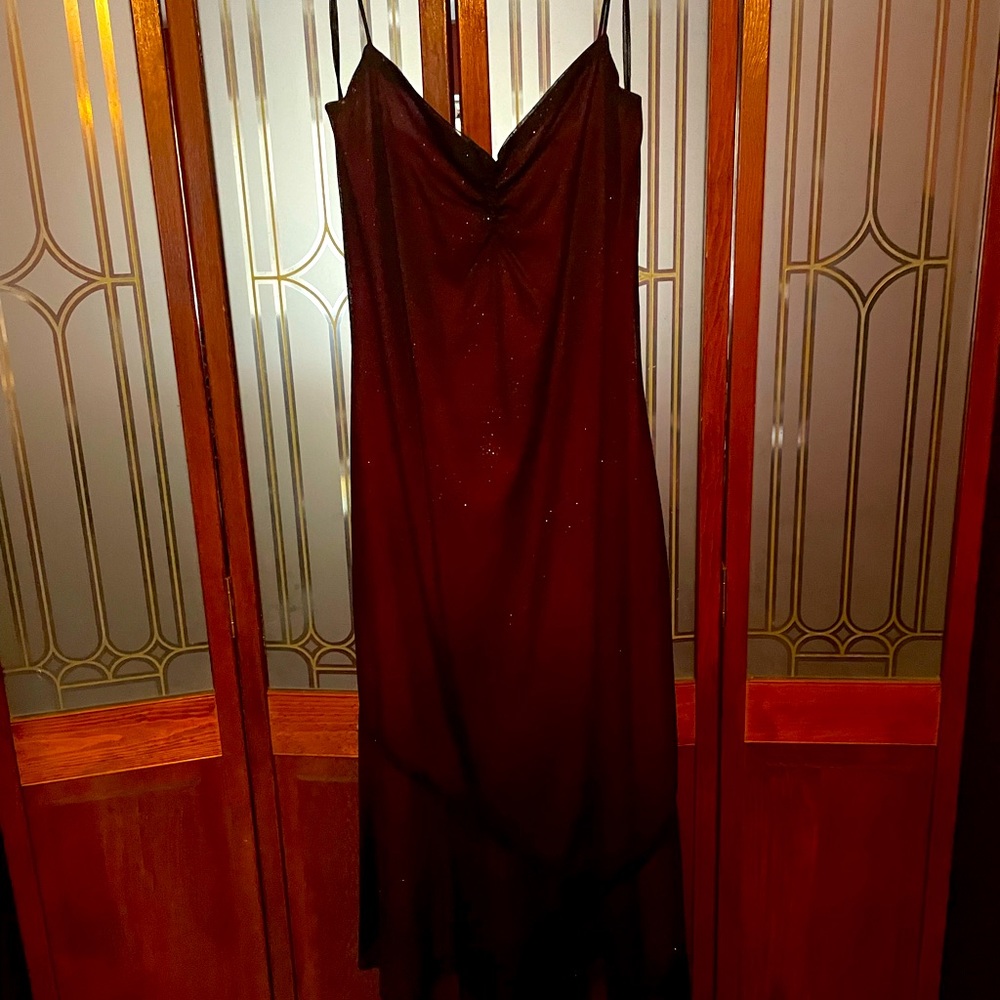 Formal dark purple with black over-layer dress, and with tiny gems.